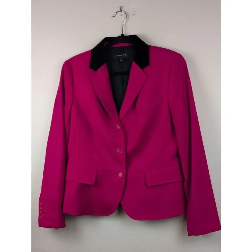 Talbots Magenta 3 Button Single Breasted Blazer with Black Velvet Collar NWOT